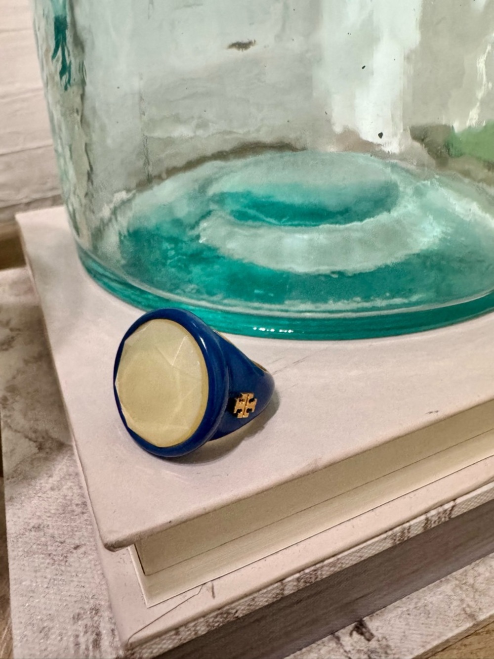 Tory Burch Blue Resin Ring with Cream Stone and Gold Logo